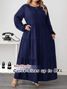 SHEIN CURVE+ 大码女装春夏纯色圆领灯笼袖荷叶边宽松休闲连衣裙长款女装/秋冬 - 藏蓝色 - 查看 9