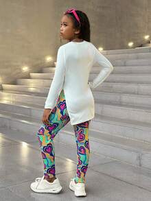 SHEIN Vibrant Long Sleeve Co-Ords For Tween Girls With Fun Letter Print And Colorful Patterns Tween Leggings Set Tween Girl Outfits Kids Long Sleeve Shirt Outfit Kids Heart Leggings Fall Winter - Multicolor - View 2
