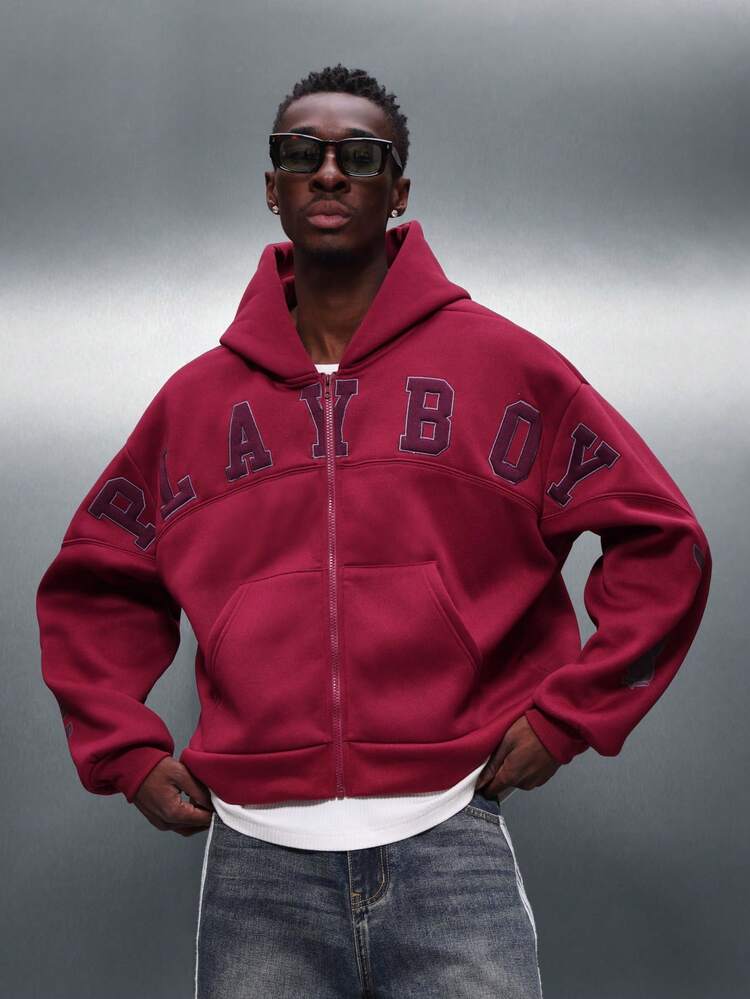 PLAYBOY X SUMWON Burgundy Full Zip Hoodie With Text Print