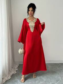 Rafferiza Women's Elegant Lace Trim Batwing Sleeve Party Dress Caftan Dress Kaftans For Women Arabic Dress Luxury Dress For Women Abayas Dubai Luxury - Red - View 3
