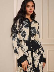 Lilora 女士优雅印花长袖衬衫裙，真丝衬衫裙，花卉图案，春季百搭女装，优雅时尚女士印花连衣裙，长袖印花连衣裙，纽扣连衣裙，适合舞会、晚宴、春夏等场合。 - 彩色 - 查看 7