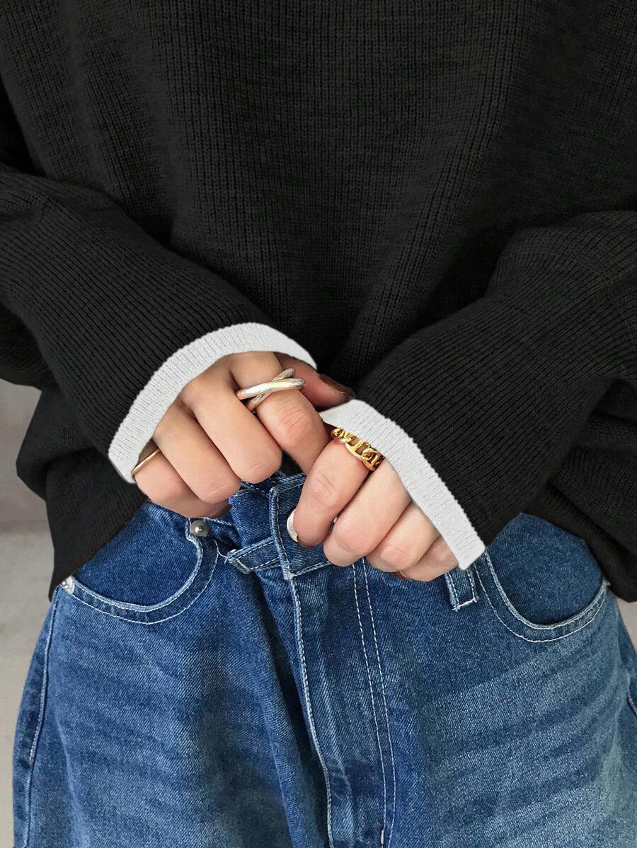 FRIFUL 女士撞色圆领落肩长袖宽松休闲套头毛衣,秋季 - 黑色 - 查看 1