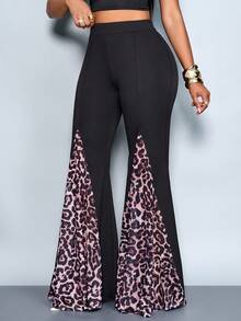 SOLERSUN 女士优雅时尚豹纹雪纺开衩阔腿裤，黑色，适合工作/办公室穿着