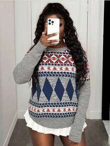 BamGleam Women's Grey Sweaters,Knitted Long Sleeves Colorful Geometric Patterns Loose Casual Autumn Occasion Vacation Travel Leisure Parties Women's Clothing - Grey - View 1