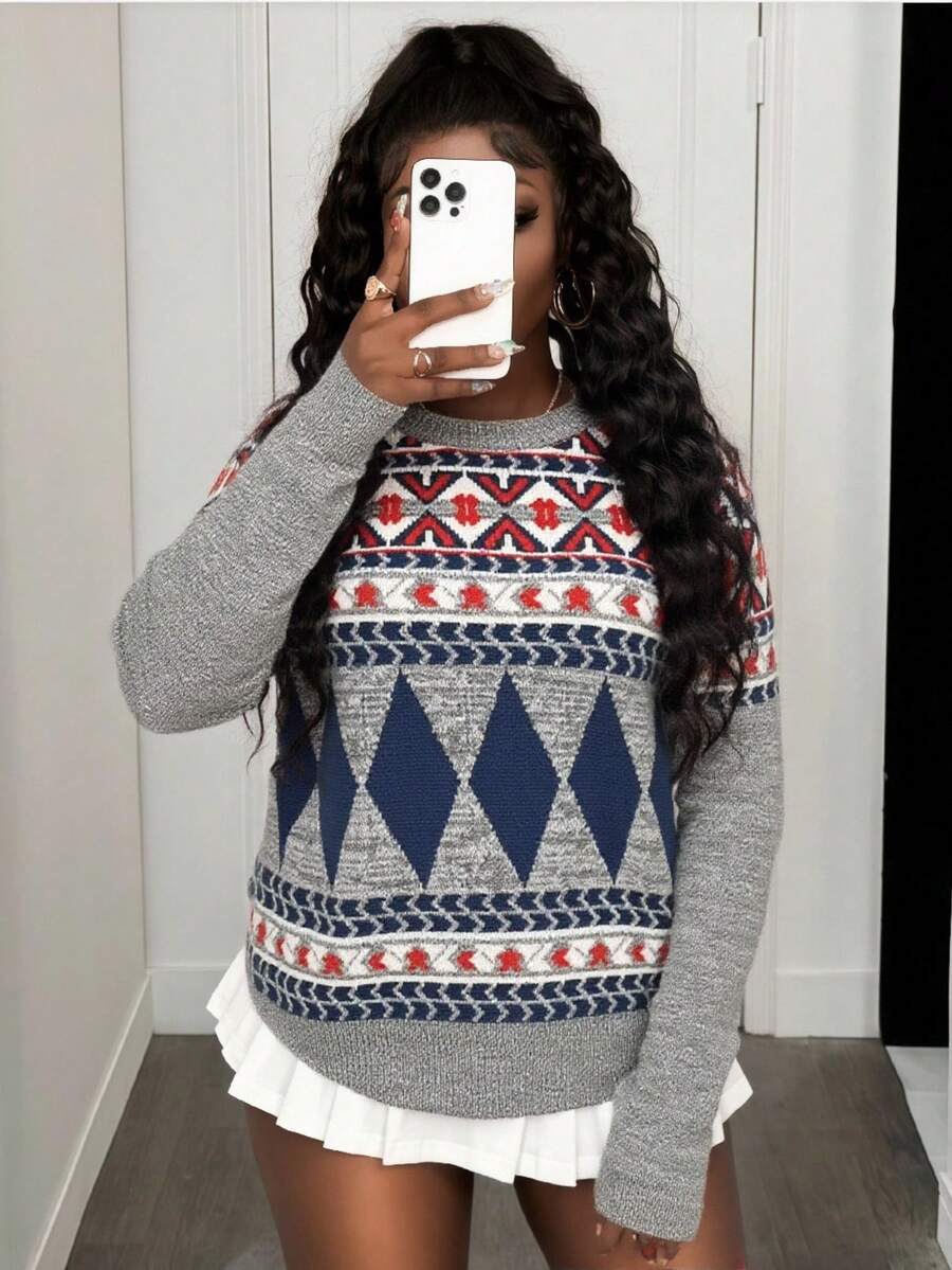 BamGleam Women's Grey Sweaters,Knitted Long Sleeves Colorful Geometric Patterns Loose Casual Autumn Occasion Vacation Travel Leisure Parties Women's Clothing - Grey - View 1