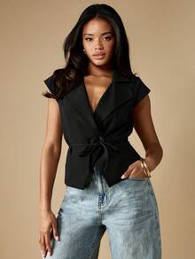 MISSGUIDED Sleeveless Wrap Style Waistcoat Top With Lapel Collar And Tie Belt Closure - Black - View 5