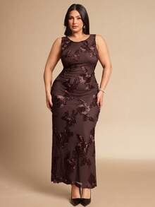 SHEIN BAE 大码女式花卉提花无袖露背连衣裙，咖啡棕色 - 咖啡棕 - 查看 1