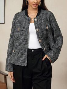 Zelara Plus Size Women Metal Button Decor Casual Jacket, Black Top, Holiday Social Formal Wear Elegant Thanksgiving Winter Jacket - Black - View 8