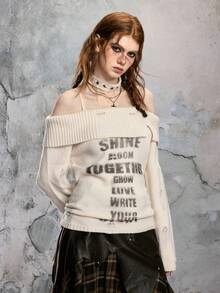 ROMWE EDITION Women's Vintage Casual Off-Shoulder Distressed Spaghetti Strap Letter Logo Print Pullover Sweater - Apricot - View 5