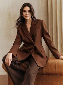 Anewsta Urban Chic Commuter Striped Contrast Color Cuffed Long Sleeve Women Blazer Jacket - Brown - View 7