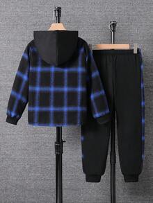 SHEIN Vacaura 男童格子长袖单排扣连帽衬衫和运动裤两件套休闲套装 - 藍色 - 查看 4