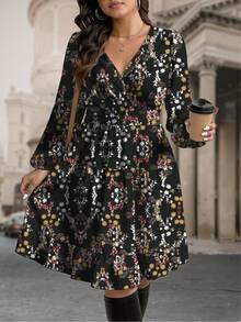 EMERY ROSE Plus Size Casual Ditsy Floral Lantern Sleeve Dress, Autumn - Black - View 1