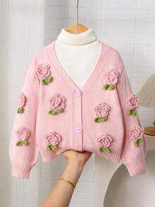 Áo khoác cardigan dáng ôm, tay dài, cổ chữ V, cài nút, họa tiết hoa tương phản, thiết kế đơn giản cho bé gái LMoss Kids - Màu Hồng baby - Xem 9
