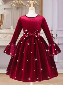 Glamorique Kids Girls' Burgundy Velvet Pearl Embellished Big Bow Decor Flare Sleeve Dress, Sweet & Elegant For Christmas Party & New Year - Burgundy - View 1