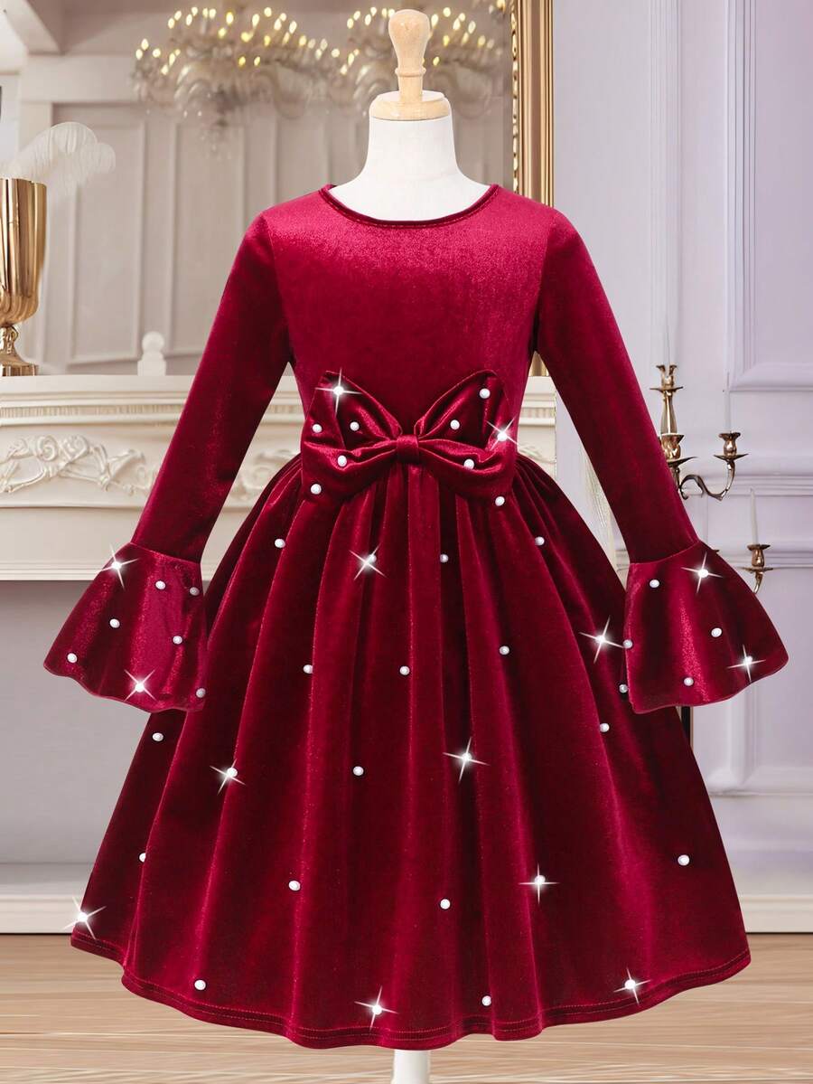 Glamorique Kids Girls' Burgundy Velvet Pearl Embellished Big Bow Decor Flare Sleeve Dress, Sweet & Elegant For Christmas Party & New Year - Burgundy - View 1