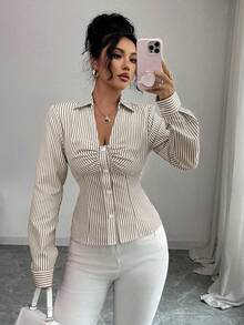 SHEIN Elenzya 女式设计衬衫，蓝色条纹衬衫，秋季 - 卡其色 - 查看 4