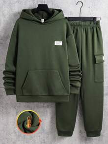 SHEIN 2件套青少年男童撞色连帽衫和运动裤套装，春秋季运动装，情人节礼物 - 墨綠色 - 查看 3