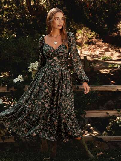 WESTFADE Floral Print Chiffon Sweetheart Neckline Knot Front Long Puff Sleeve Smocked Tiered Midi Dress