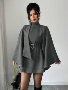 Elenzga Elegant Solid Color Cloak Overcoat For Commuting, Autumn/Winter - Dark Grey - View 3