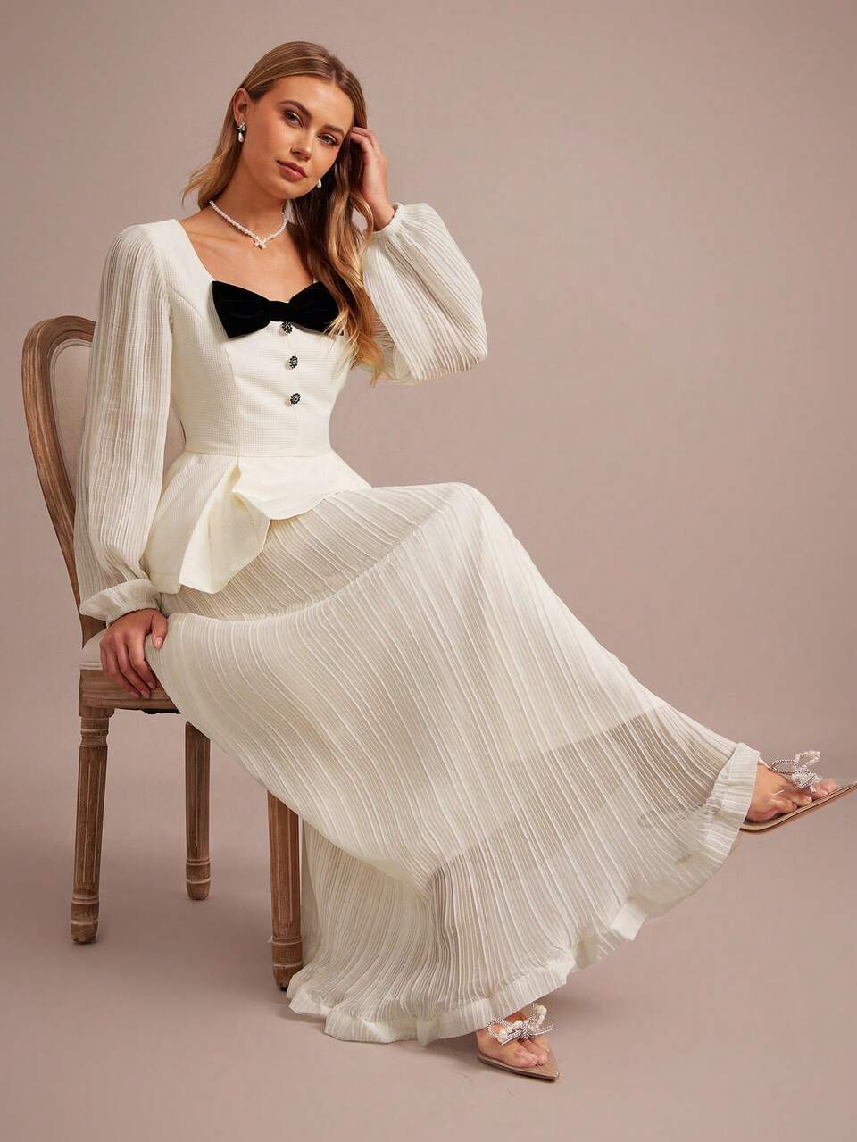 Enchnt Women's 2-Piece Set Elegant Black And White Bow Decor Lantern Sleeve Ruffle Hem Top&Midi Pleated Skirt,Autumn Wedding Guest Commuting Outfit