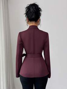 SHEIN Elenzya 女士冬季红色外套，时尚派对/约会/新年/感恩节/婚礼宾客礼服，时尚女式大衣，红色上衣 - 酒紅色 - 查看 2