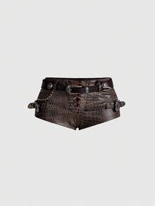 ROMWE Spring/Summer Hippie Retro Crocodile Skin Print Music Festival Women Super Short Shorts - Brown - View 1
