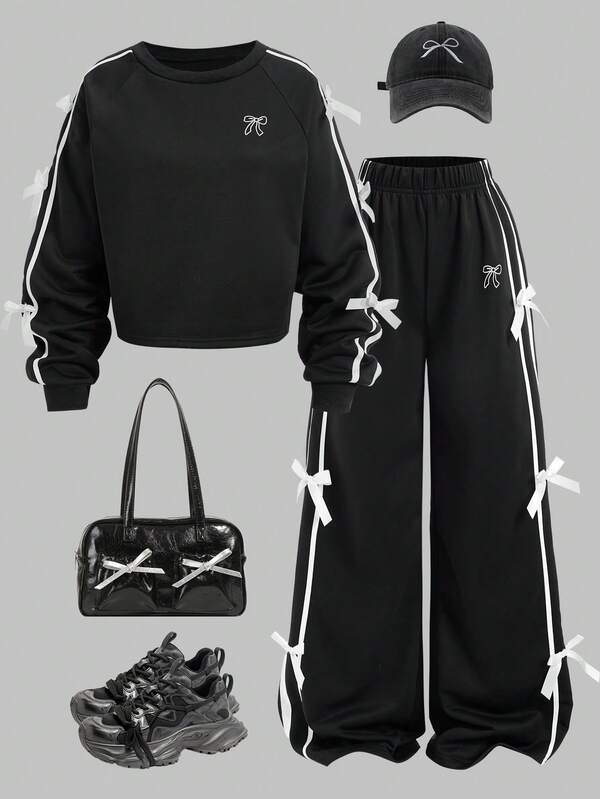 Sparklyn 2pcs/Set Teen Girls Loose Casual Sweet Cute Contrast Color Block Striped Bow Design Top And Wide Leg Pants Set, Suitable For Daily, Commute, Casual, Vacation, Hangout With Friends, Street Style