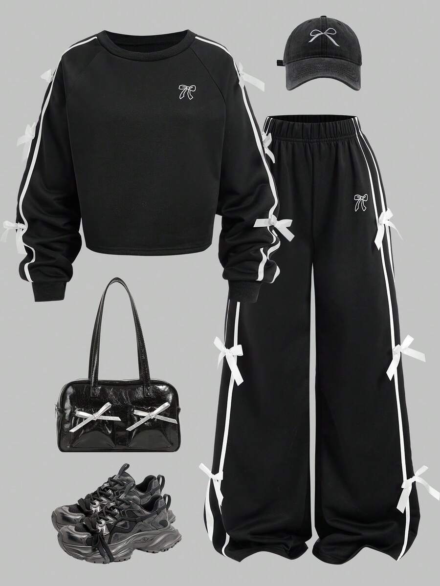 Sparklyn 2件套少女宽松休闲甜美可爱撞色条纹蝴蝶结设计上衣和阔腿裤套装，适合日常、通勤、休闲、度假、朋友聚会、街头风格 - 黑色 - 查看 1