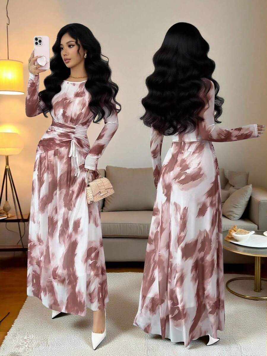 Rafferiza 女士优雅网纱扎染印花圆领褶皱腰部喇叭下摆长袖连衣裙 - 彩色 - 查看 1
