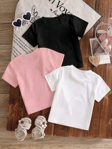 SHEIN GraphicGems 3pcs/Set Baby Girl 6M-3T Cute Black And Pink Summer Cute Graduation Bow & Letter Graphic Short Sleeve Knit Crew Neck Tops Daily Basic Tees Apparel - Multicolor - View 3
