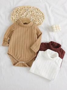 SHEIN 3件套男婴高领罗纹保暖连体衣套装，棕色系，适合秋冬季节，包含带按扣裆部的连脚连体衣 - 彩色 - 查看 1