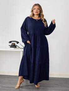 SHEIN CURVE+ 大码女装春夏纯色圆领灯笼袖荷叶边宽松休闲连衣裙长款女装/秋冬 - 藏蓝色 - 查看 7