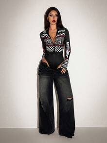 SHEIN ICON 女士万圣节摩托图案立领紧身衣，街头服饰 - 黑色 - 查看 4