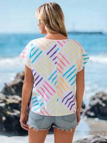 Sylviya Ladies' Striped Pattern Round Neck Blouse - Multicolor - View 2