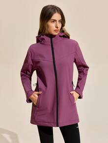 Exploreva Chaqueta con capucha de mujer de unicolor, manga larga, hombros caídos, bolsillos y cremallera delantera para uso al aire libre - Morado - Ver 1