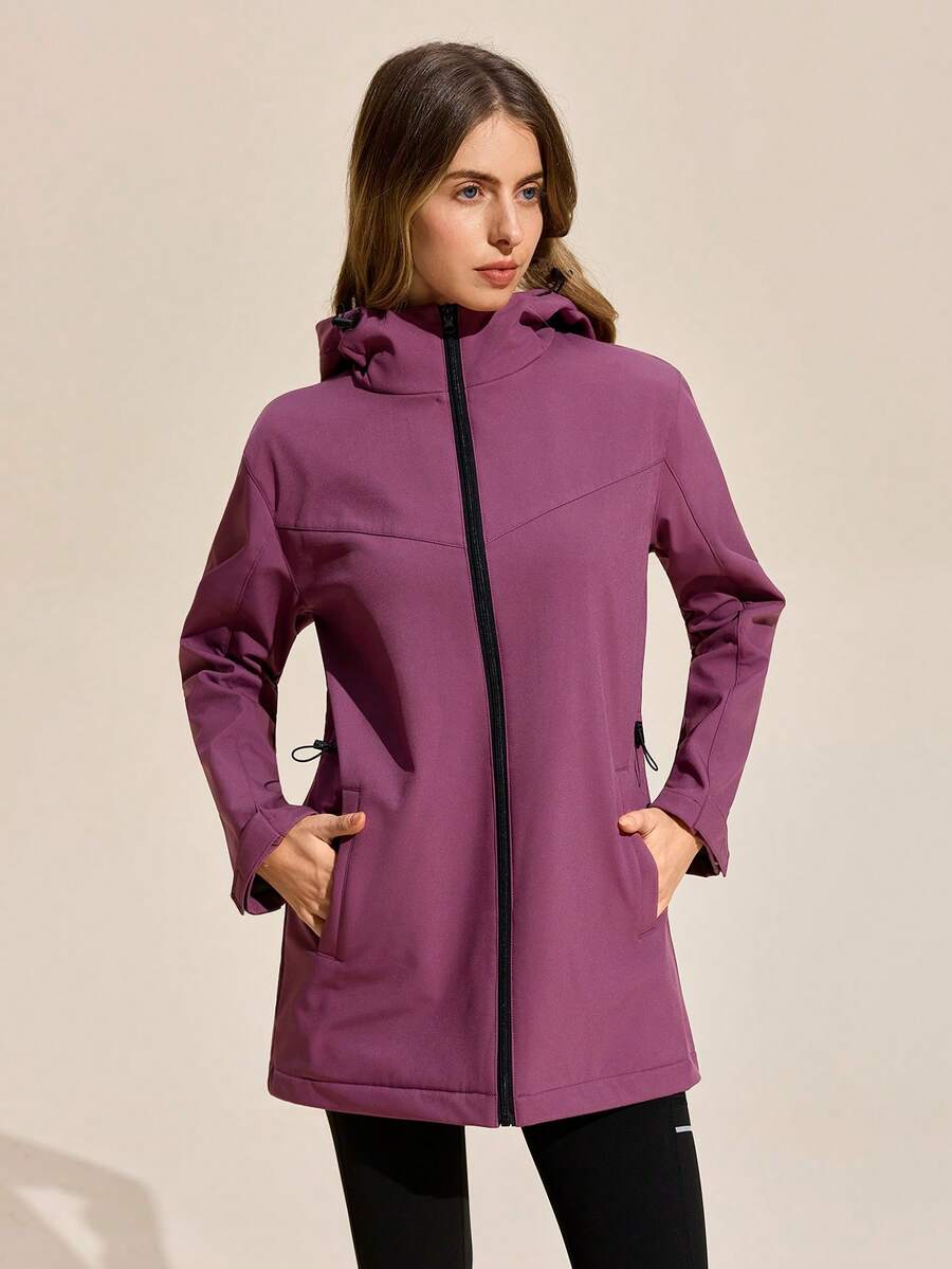 Exploreva Chaqueta con capucha de mujer de unicolor, manga larga, hombros caídos, bolsillos y cremallera delantera para uso al aire libre - Morado - Ver 1