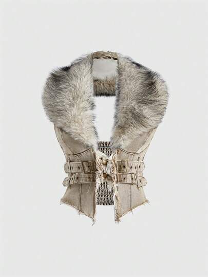 Hippie Y2K Removable Faux Fur Collar Denim Jacket For Women