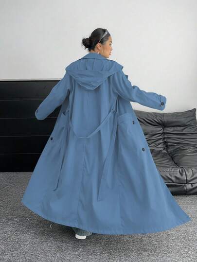 POPSWAY New Elegant Maxi Vintage Classic Double-Breasted Oversized Pockets Stand Collar Lapel Long Sleeve Windbreaker Long Coat For Women With Cinched Waist, Japanese Style