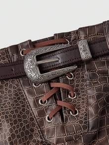 ROMWE Spring/Summer Hippie Retro Crocodile Skin Print Music Festival Women Super Short Shorts - Brown - View 3