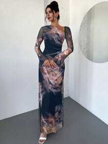 Firerie Women's Tie Dye Floral Asymmetric Shoulder Mesh Long Sleeve Pleated Maxi Dress, Multi-Color Floral Pattern Dress, Holiday Dress, New Tie-Dye Floral Mesh Print Flare Sleeve Fitted Vacation Dress, Suitable For Spring, Summer, Autumn, Winter, Elegant, Commute, Date, Party, Wedding Season, Graduation, Prom, Performance, Work, Back To School, Annual Party, Women's Birthday, Holiday - Multicolor - View 5