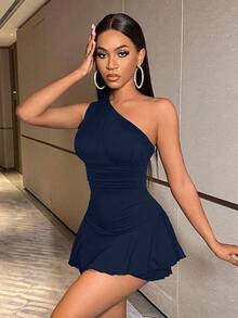 BamGleam Women's Oblique Shoulder Ruffle Hem Bodycon Jumpsuit - Navy Blue - View 6