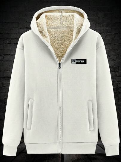 Manfinity Homme Men's Autumn/Winter Hooded Jacket, Casual Thermal Lined Zip-Up Cardigan, Apricot Regular Fit Knitted Baseball Jacket, Street Style Top