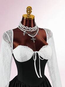 Amplova Black And White,Autumn,Elegant,Goth,Night Out Fitted Semi-Sheer Heart-Shaped Bust Long Sleeve Bodycon Mini Dress,Open Back & Criss-Cross Corset Dress - Black - View 12