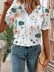 EMERY ROSE Women's Casual Floral Print Puff Sleeve Blouse, Summer - Green - View 5