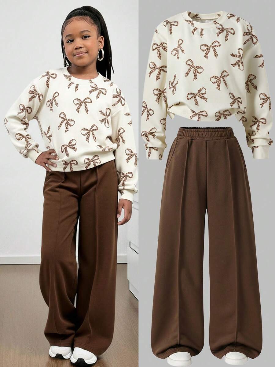 Tween Girls Casual Basic Versatile Daily School Sports Street Washed Snow Floral Print Crew Neck Cropped Loose Sweatshirt + Wide Leg Pants Set - Khaki - View 1