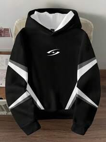Manfinity Roghcode Sudadera con capucha holgada con logo de estrella y bloqueo de color, estilo casual para citas, fiestas, parejas, familia, gran regalo para el novio, top de manga larga - Negro - Ver 4