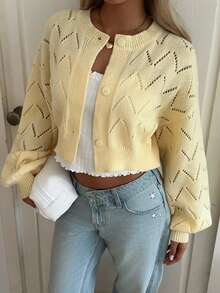 CovetEZ Women's Elegant Round Neck Keyhole Long Sleeve Tie-Front Sweater - Yellow - View 3