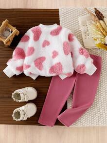 两件套女童舒适保暖毛绒爱心印花卫衣和罗纹长裤套装，时尚可爱，适合春秋季穿着。 - 白色 - 查看 2