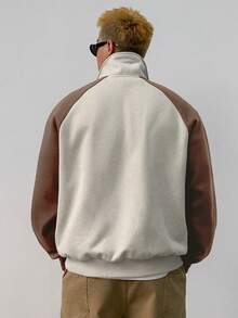 DAZY Men's Autumn/Winter Zip-Up Contrast Color Patchwork Pullover Pullover Sweatshirt Sweatshirt - Coffee Brown - View 2
