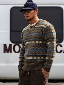 DAZY Men's Vintage Textured Jacquard Crew Neck Sweater, Autumn/Winter - Multicolor - View 6